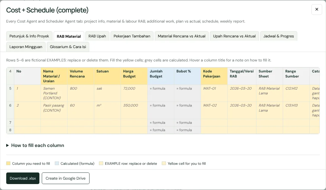 Template preview window on the RAB Material tab