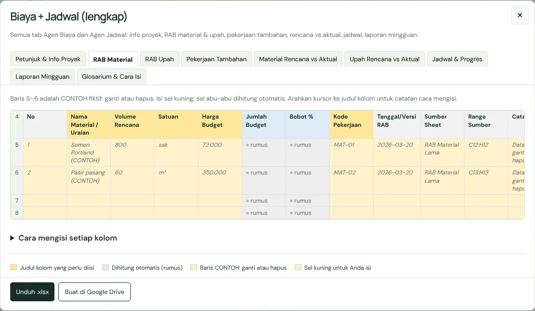 Jendela Lihat isi template dengan tab RAB Material