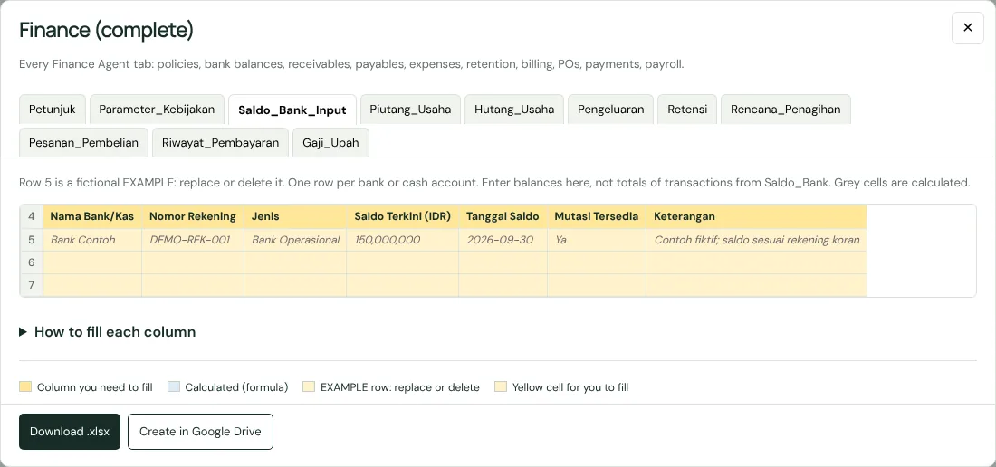 Finance template preview window