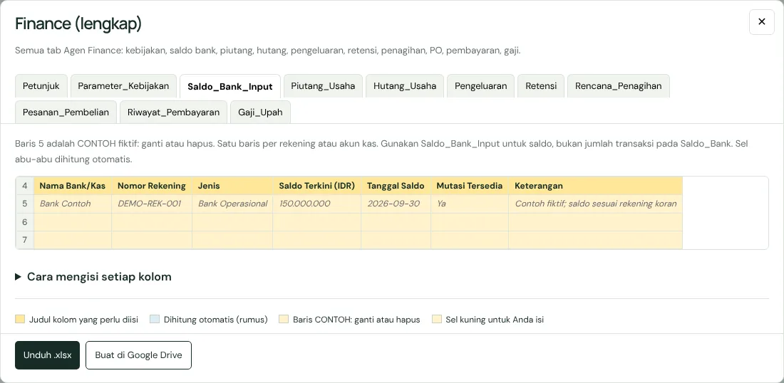 Jendela Lihat isi template Finance