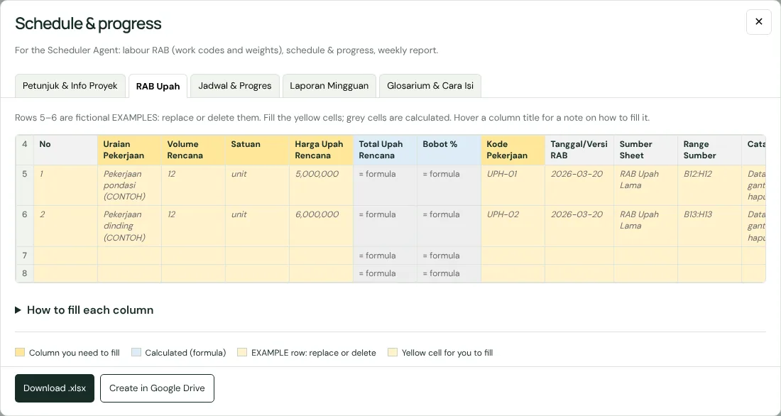 Schedule & progress template preview window