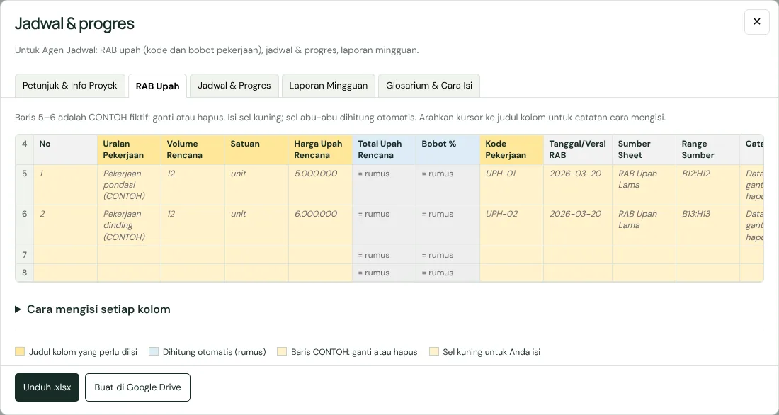 Jendela Lihat isi template Jadwal & progres